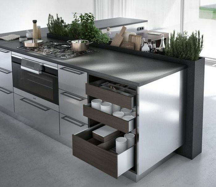 4-kjøkken-dekorere-kjøkken øy-i-svart-sølv-moderne-grønn-plante-vindu-ovn