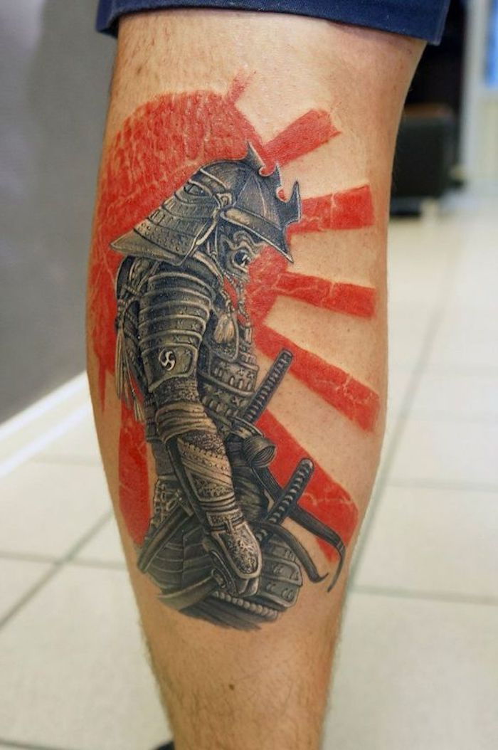 Tatuaggio di combattente, gamba, beintattoo, sole rosso, samurai