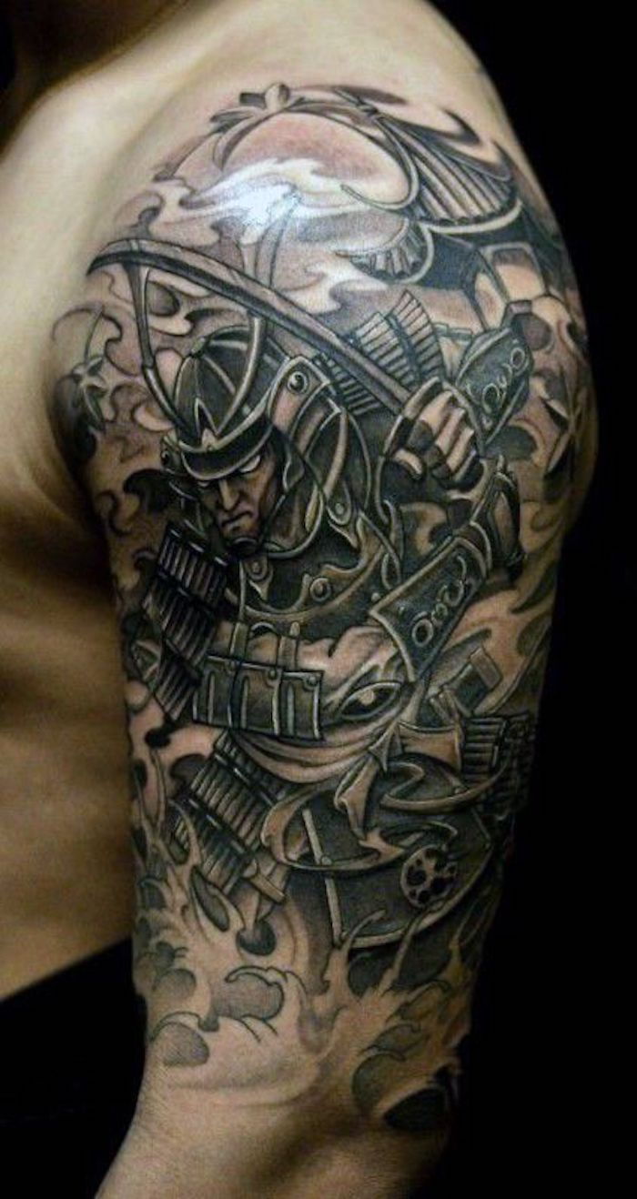 tatuaggio da combattente, braccio superiore, tatuaggio del braccio, katana, casa, acqua