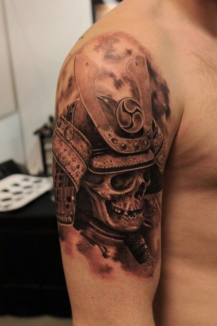 Tatuaggio di combattente, teschio, orlo, tatuaggio del braccio superiore, tatuaggio giapponese