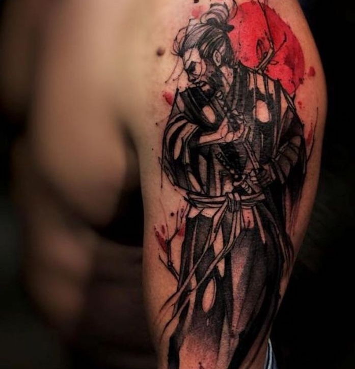 tatuaggio samurai, uomo, braccio, tatuaggio braccio, sole rosso