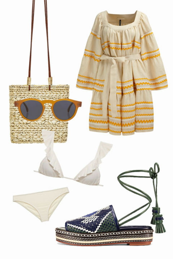 Paplūdimio apranga, pinti maišas, dryžuota suknelė su smėliu, diržu, balta bikini, platformos bateliai