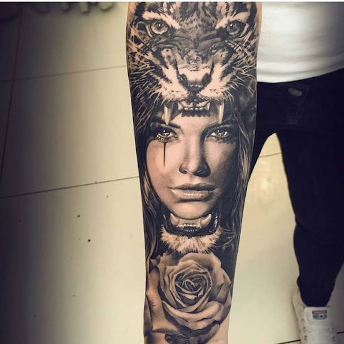 tiger tetovanie, žena, ruže, tiger hlava, tetovanie, čierne nohavice