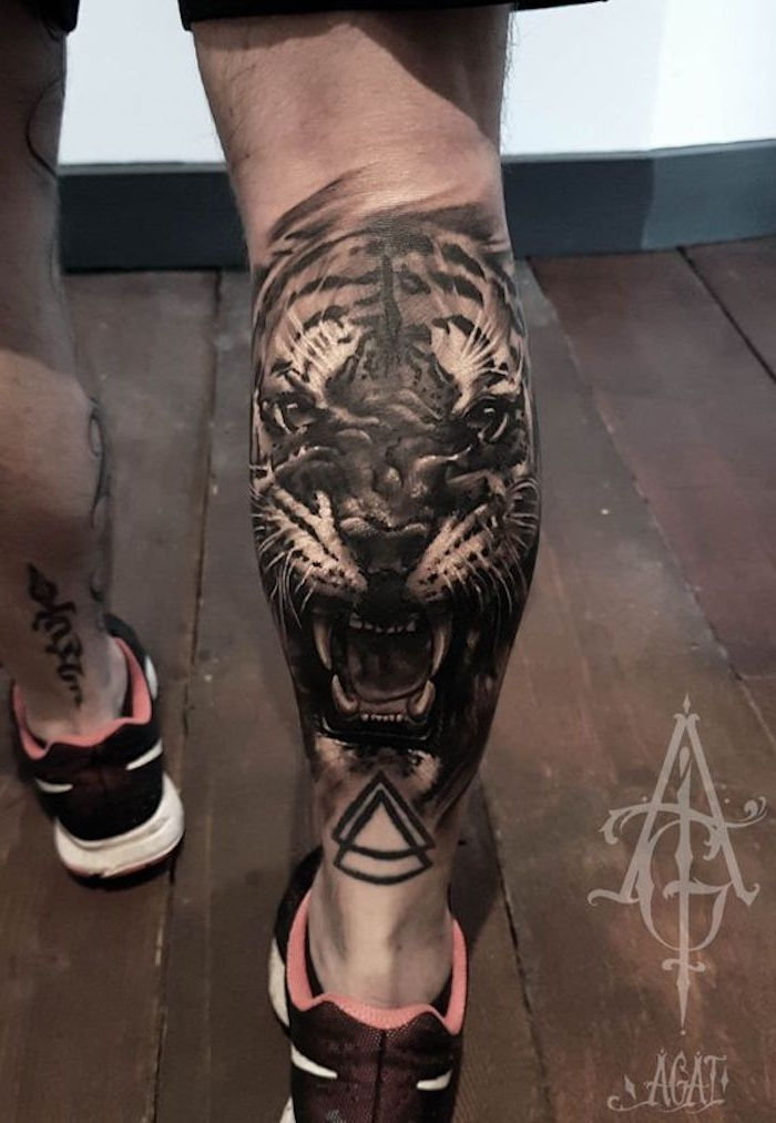 tatuagem de tigre, calçados esportivos, cabeça de tigre, homem, tatuagem de perna
