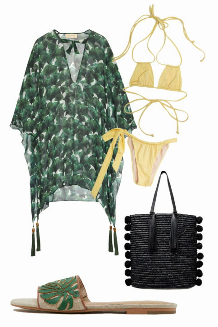 Brazilijos paplūdimio apranga, žalia tunika su modeliu, vasaros batai su lapų motyvais, juoda pintinė maišelis su puokštėmis, geltona bikini