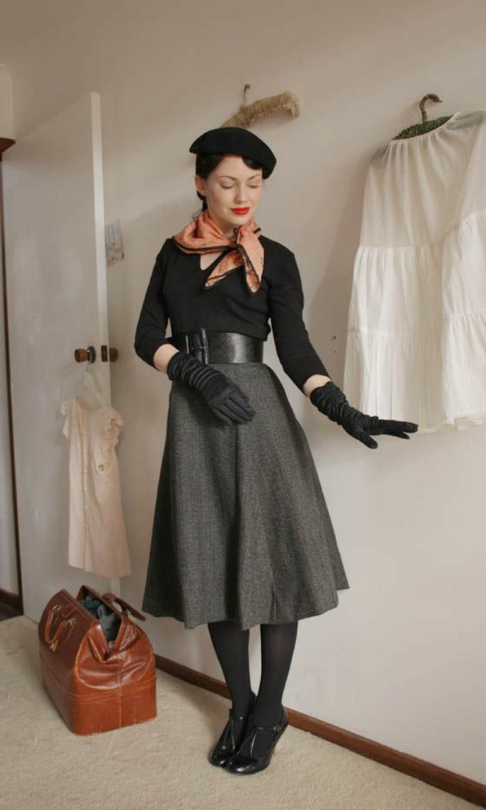 50s-mood-Francja-retro-chic Neckerchief elegancki czarny kapelusz Beret