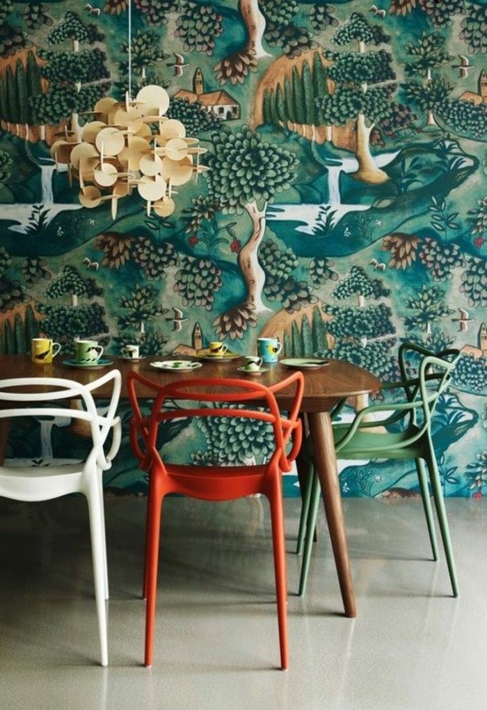 5feng shui färg dining-grön-mönster wallpaper-indirekt ljus-big-bord av trä-grå-mark och naturmotiv