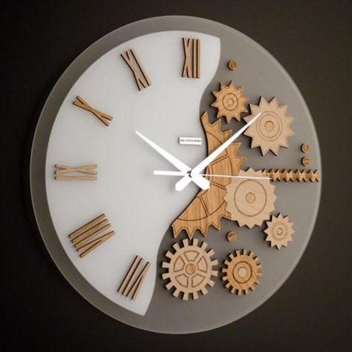 5wanduhr-design-moderný nástenné hodiny-wood-dial-šedo-biela a biela-pointer