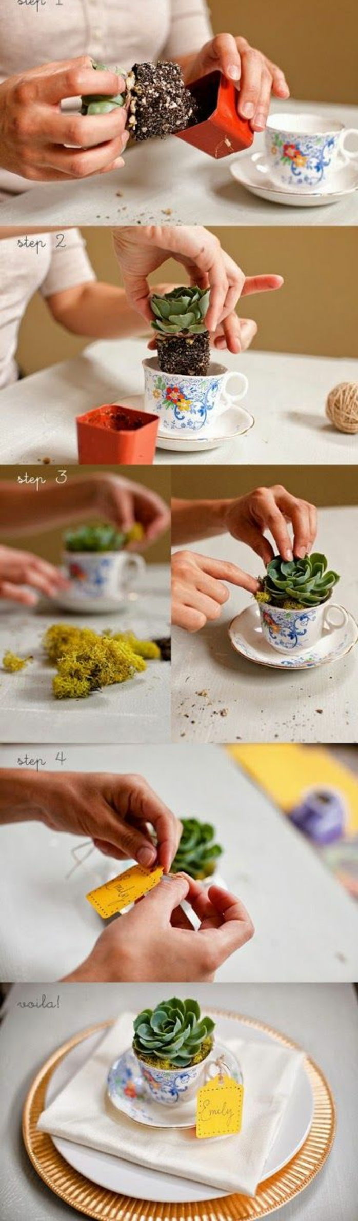 malé kvetináče vyrobené z farebných šálok kávy ako stolová dekorácia