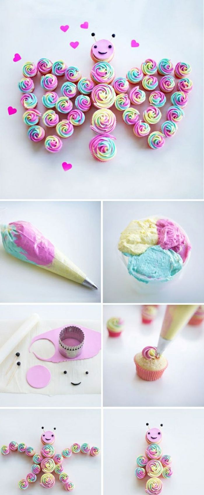 Cupcakes versieren met room van verschillende kleuren, vlinder