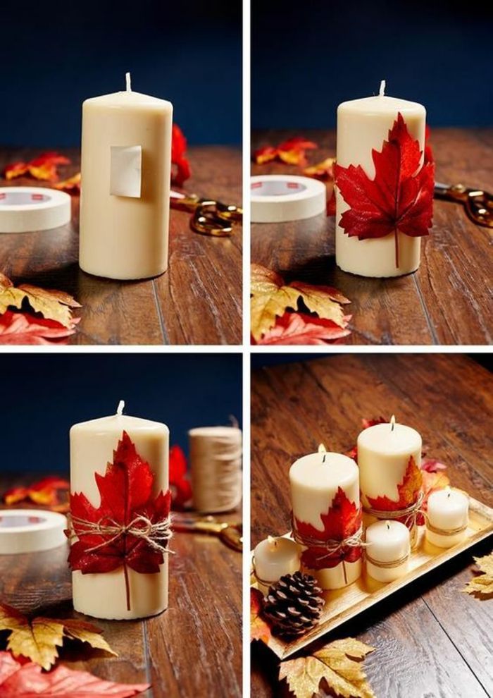 dekorowanie okrągłych świec białych z liśćmi, dekoracja stołu kokardowego, szyszki