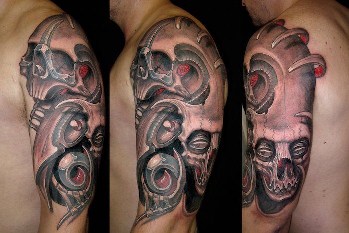 tatuiruotė rankoje su kaukolės motyvais, reali 3D tatuiruotė