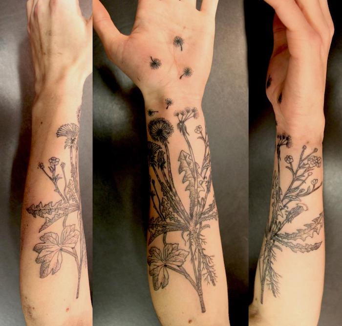 maskros tatuering på underarm, svart och grå tatuering med blommigt motiv