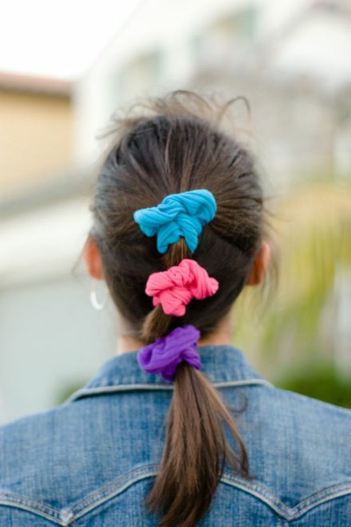 80s giyim - saç için kadın aksesuarları, mavi, pembe ve mor, scrunchies neon saç bantları