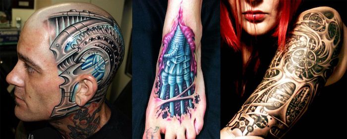Mulher, com, braço superior, tatuagem, homem, com, biomechanical, tatuagem cabeça