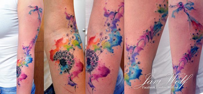 tatueringar med mening, akvarelltatuering på armen, färgad tatuering