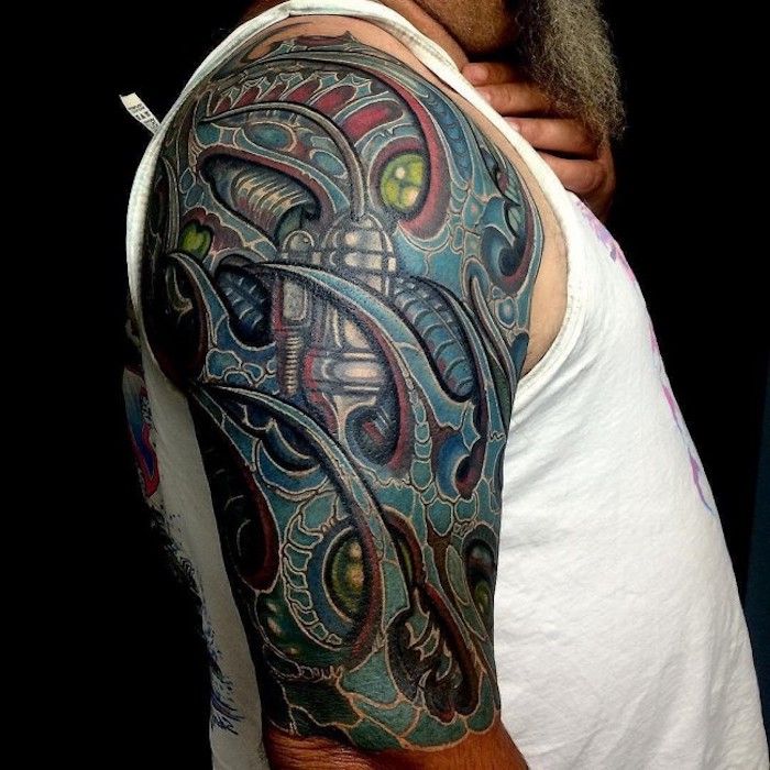 tatuagem de braço colorido, grande tatuagem biomecânica