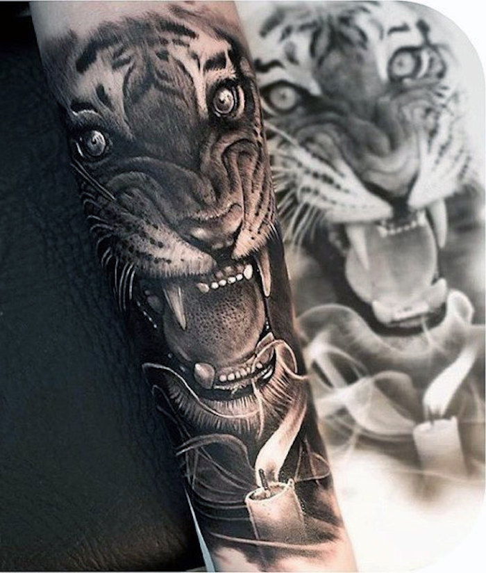 tatuagem de cabeça de tigre, desenho preto e branco, vela