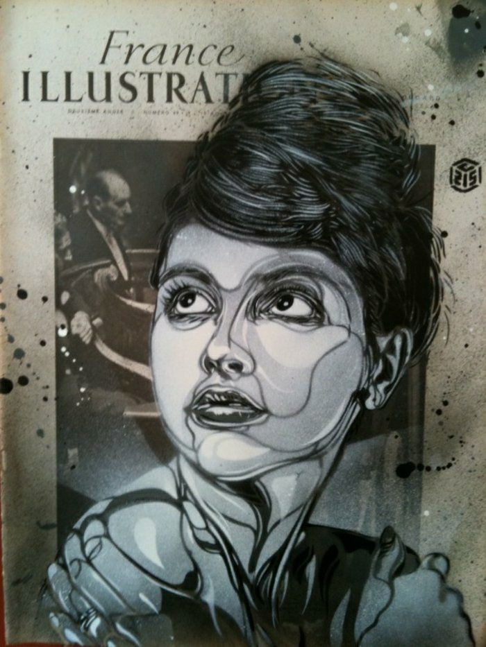 C215 Graffiti sanatçısı-sokak-sanat siyah ve beyaz kadın yüzü