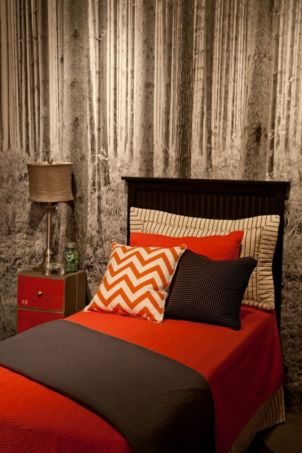 Mural-svart-hvitt kontrast rødt sengeteppe Pillow skuffer