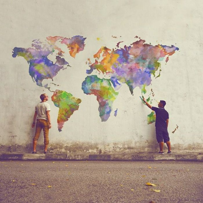 Bina Duvar Graffiti görüntüleri Dünya Haritası Renkli çizimleri Men kıtalarda