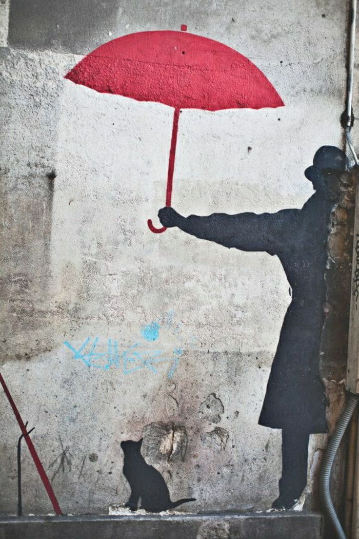 Grafiti görüntüleri Bina duvar-man Kırmızı Şemsiye Kedi