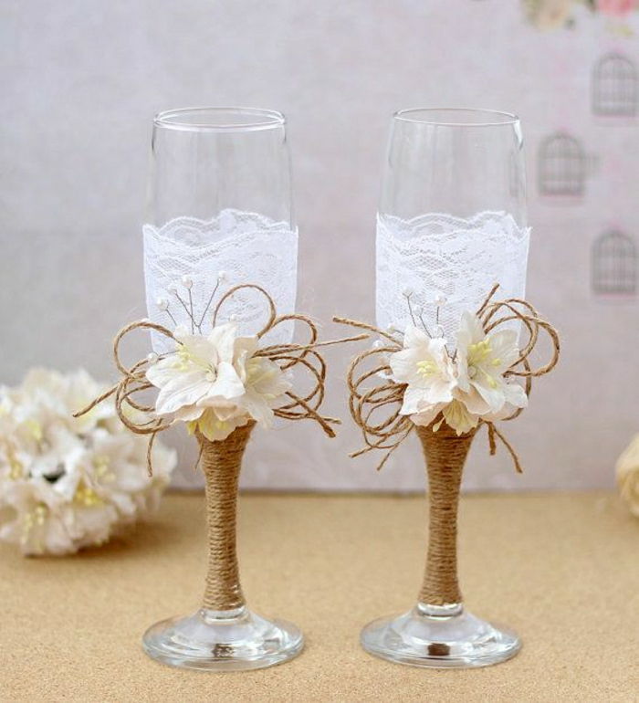 Poročni kozarci šampanjca String vrh Flower dekoracija