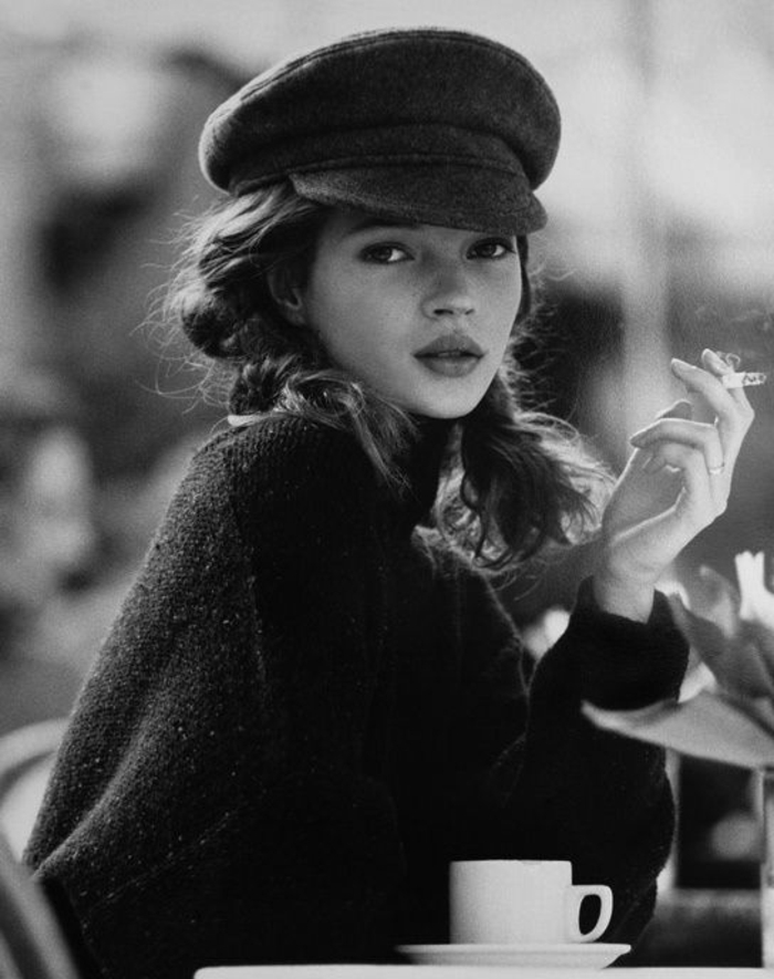 Kate Moss super Beret Cap Cigarett Kaffe chic-vacker