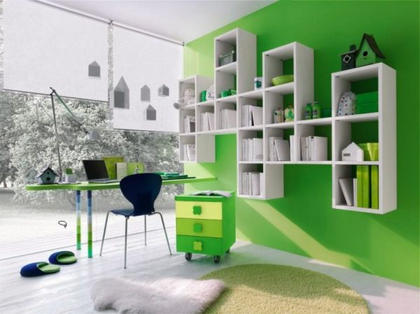Nursery Uppställning Idéer Grön Wall Vit Hylla
