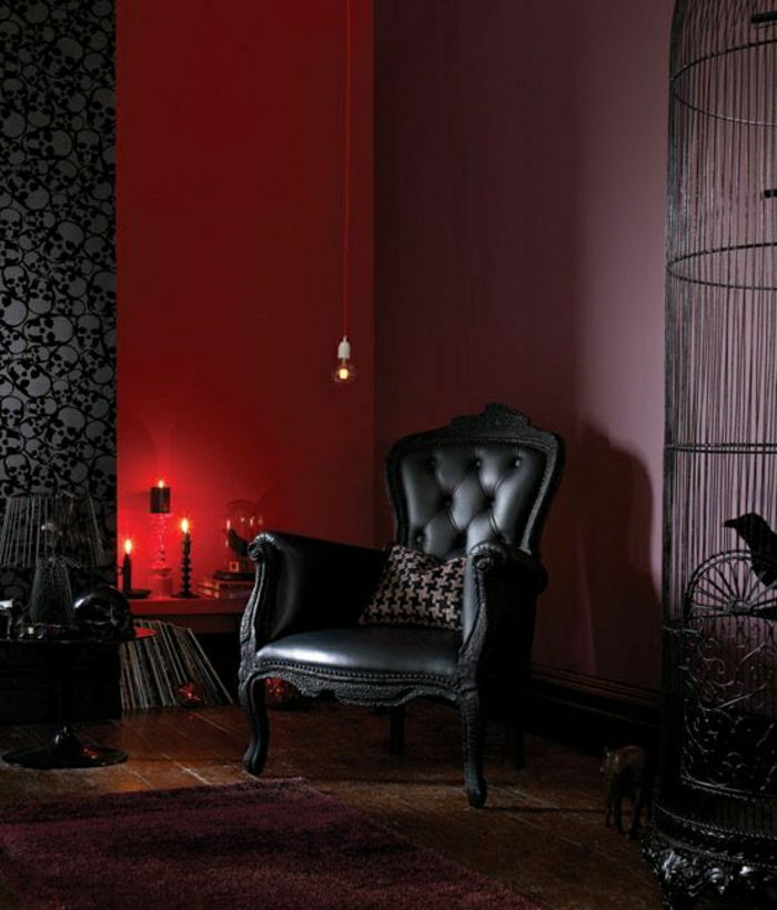 poltronas de couro em estilo barroco velas almofada parede-parede vermelho-púrpura
