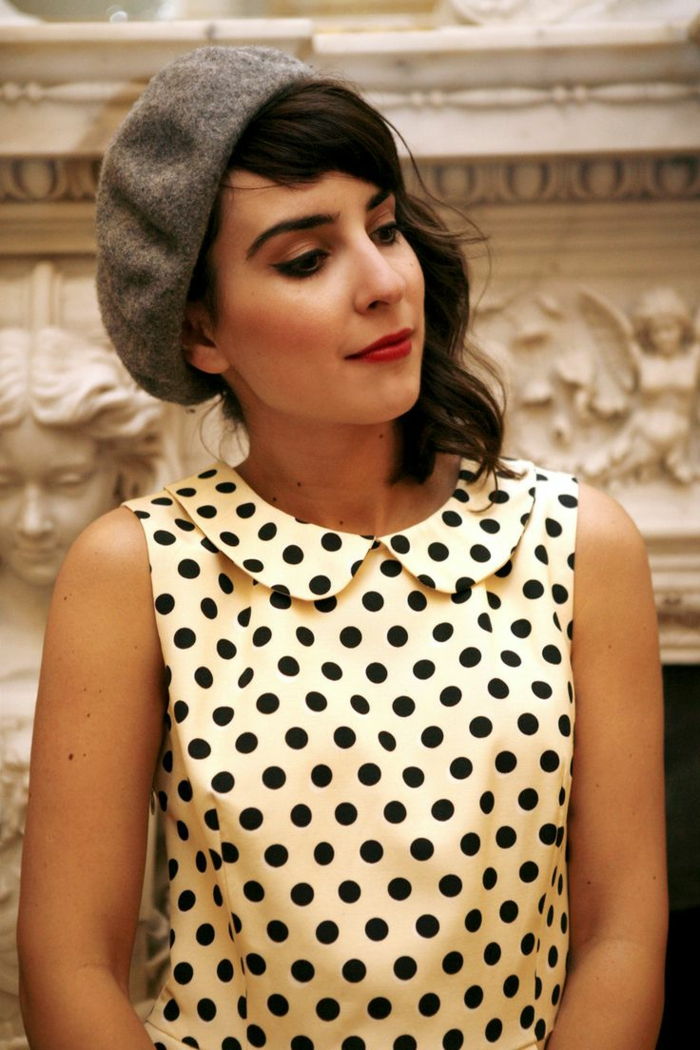 Flickor Polka Dot Dress Beret hatt Ull grå-chic-moderna