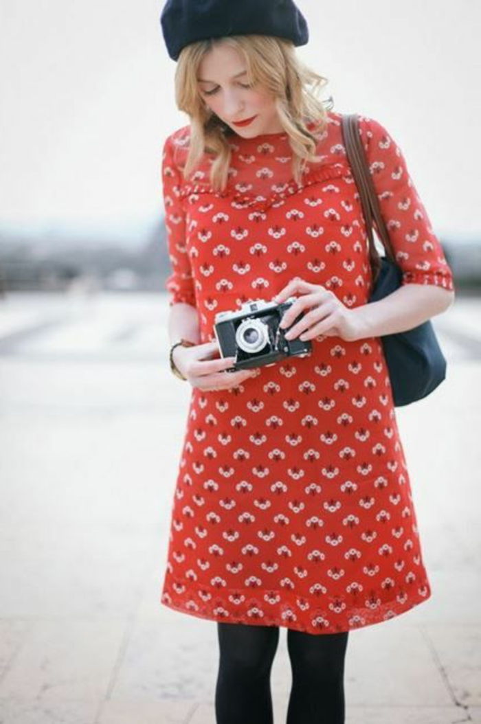 Flickor French Chic röd klänning svart basker hat-klassiska modellen Camera