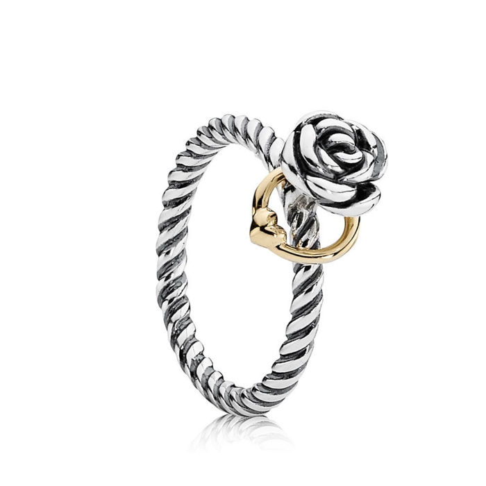 Pandora nakit, srebrni prstani Vrtnice zlato element