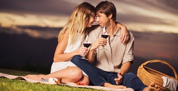 Romantisk piknik med rød-vin