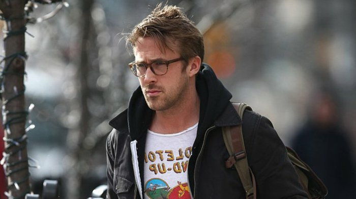 Ryan Gosling-svart-jakke-symoatisches modell hornbrille