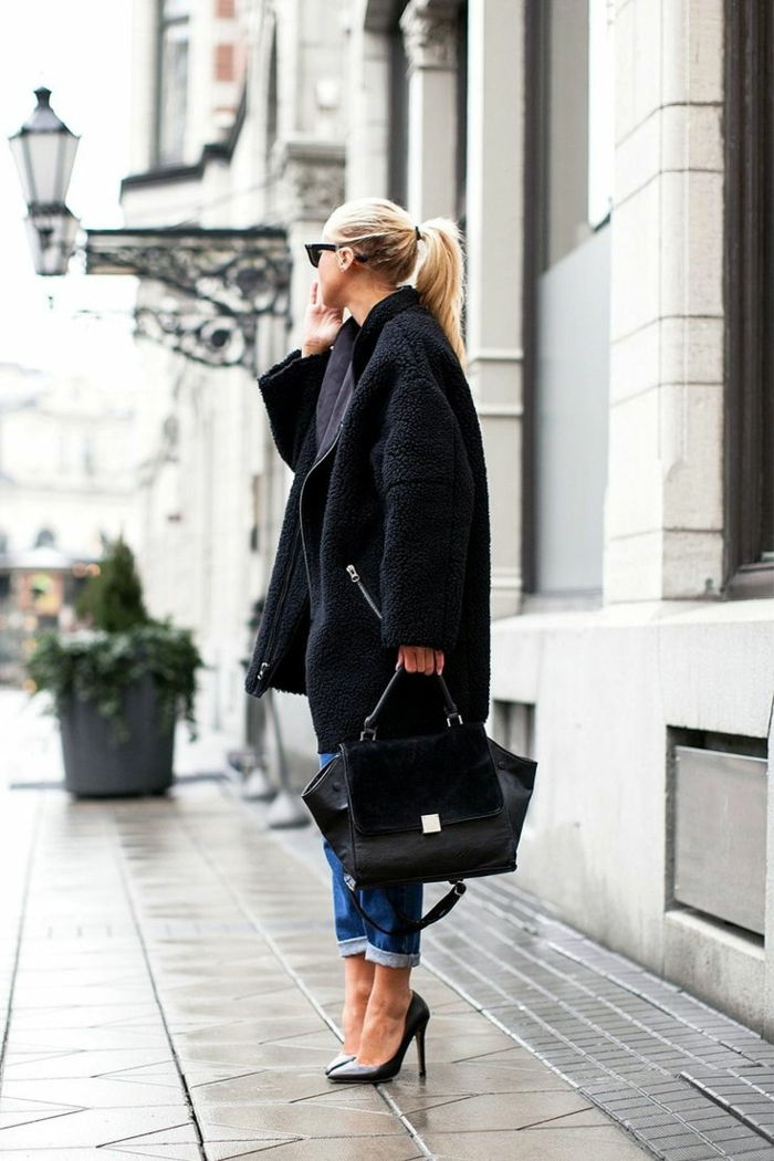 Straat Meisje extravagant Coat jeans zwarte schoenen verkoop