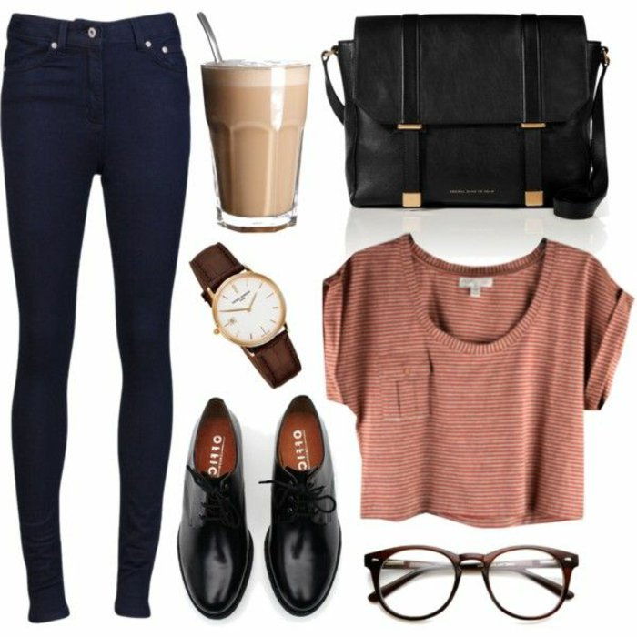Street fashion kvinners daglige kles jeans-top oxford sko-klassisk klokken modell cappuccino big-black-bag-nerd-briller