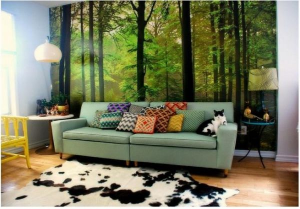 Wall Art-forest-grønn sofa puter Cat gul stol dyreskinn