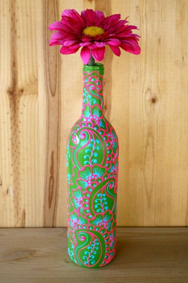 Vyno butelis vaza chna žalia-mėlyna Rožinė gėlė