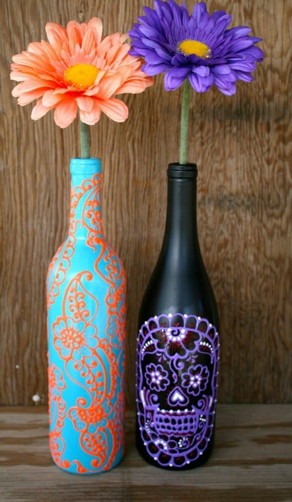 Vyno butelis Chna apdaila dėžutė-mėlyna oranžinė-juoda ir violetinė-Gerbera