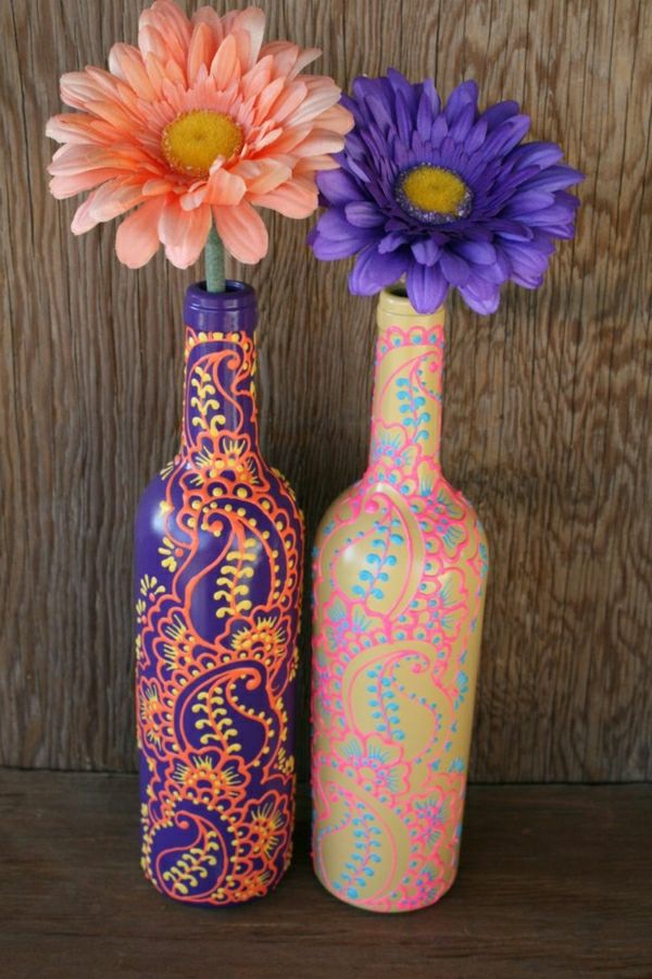 Vyno buteliai Vaza Henna apdaila Violetinė-oranžinė-geltona-mėlyna rožinė aukso Gerbera