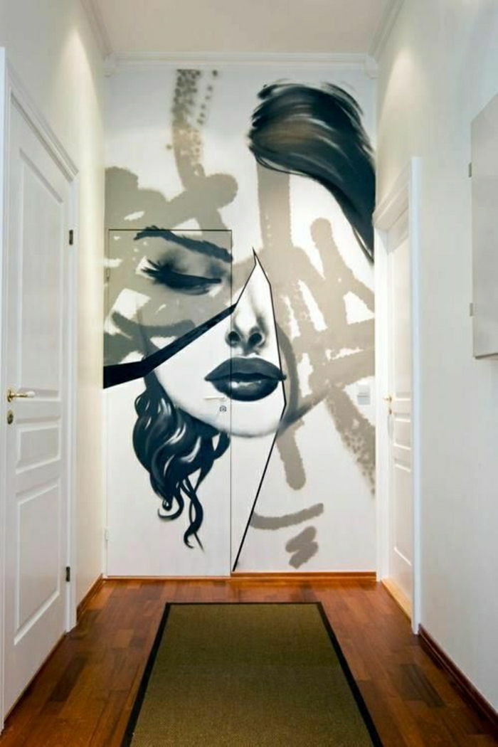 Düz beyaz kapılar grafiti Kadın Yüz siyah ve beyaz sanat