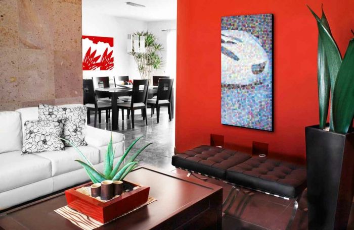 abstract-väggmålningar-pixelated representation Red Wall elegant vardagsrum-interiör