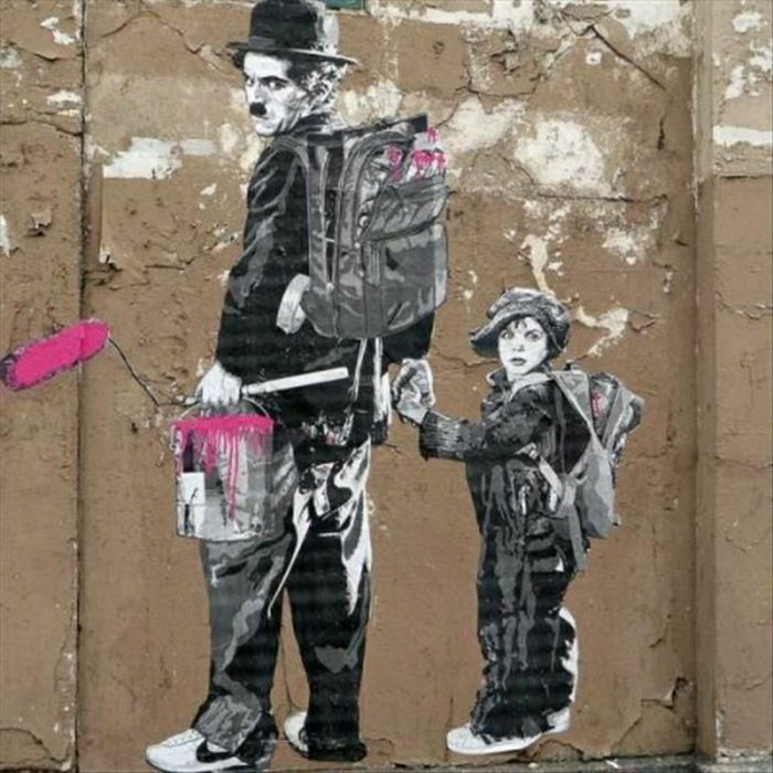 Eski Duvar Graffiti Charlie Chaplin küçük oğlan-sırt çantaları renklendirici kova