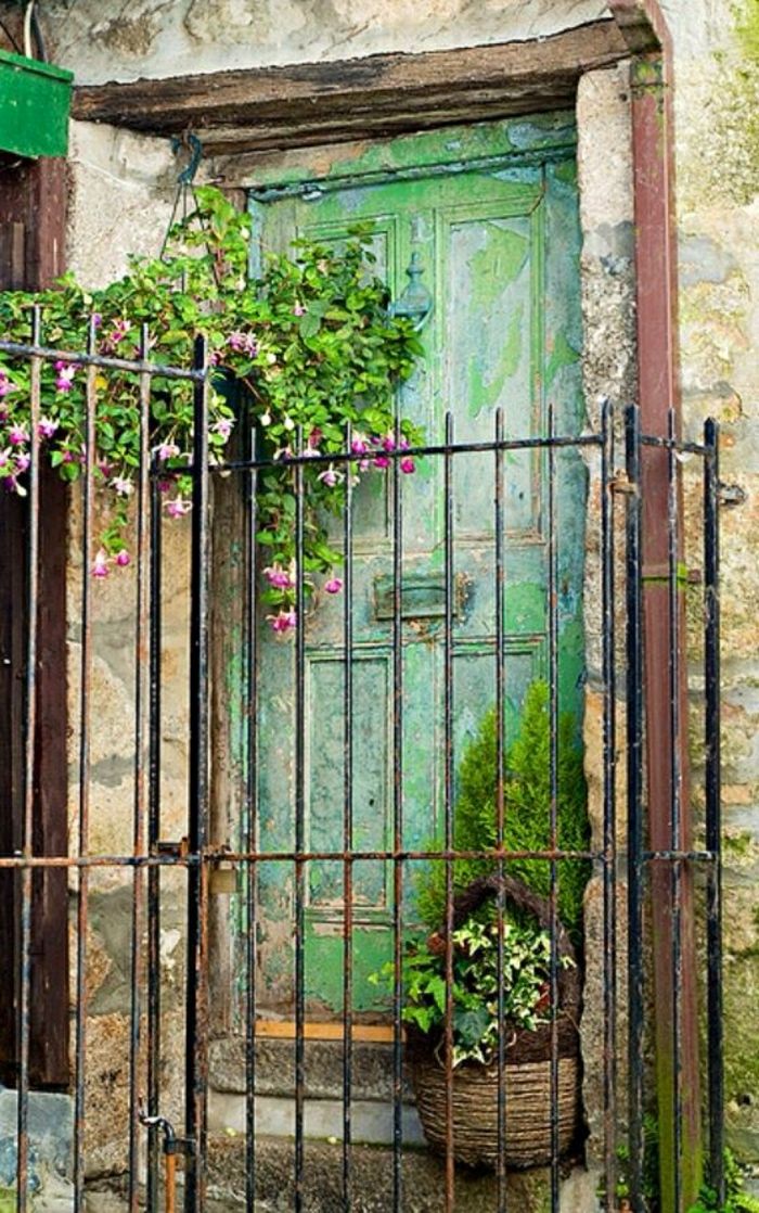vechi-verde-ușă gard agățat ghiveci