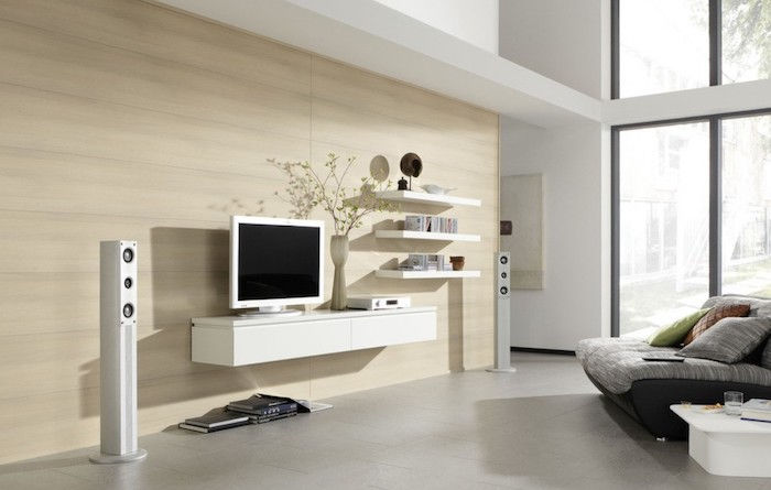 home muur design ideeën te leveren woonkamer meubels beige muur witte inrichting witte technologieën televisieplanken muziek apparatuur