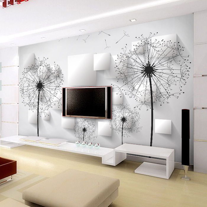 tv muur decoratieve ideeën met sticker tv achtergrond met paardebloemen zwart witte muur bloemenmotieven kruk gele vloer