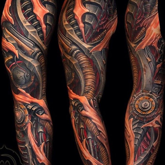 braço tatuagem homem, colorido biomecânica tatuagem, tatuagem com peças de máquinas