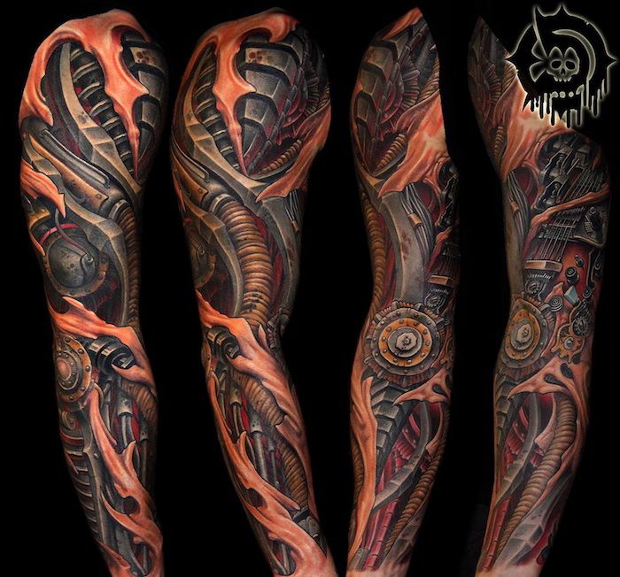 tatuiruotės motyvai vyrams, didelė spalvota 3d tatuiruotė visoje rankoje