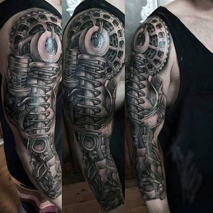 om tatuaj cu braț, tatuaj realist în negru și gri, tatuaj cu maneci
